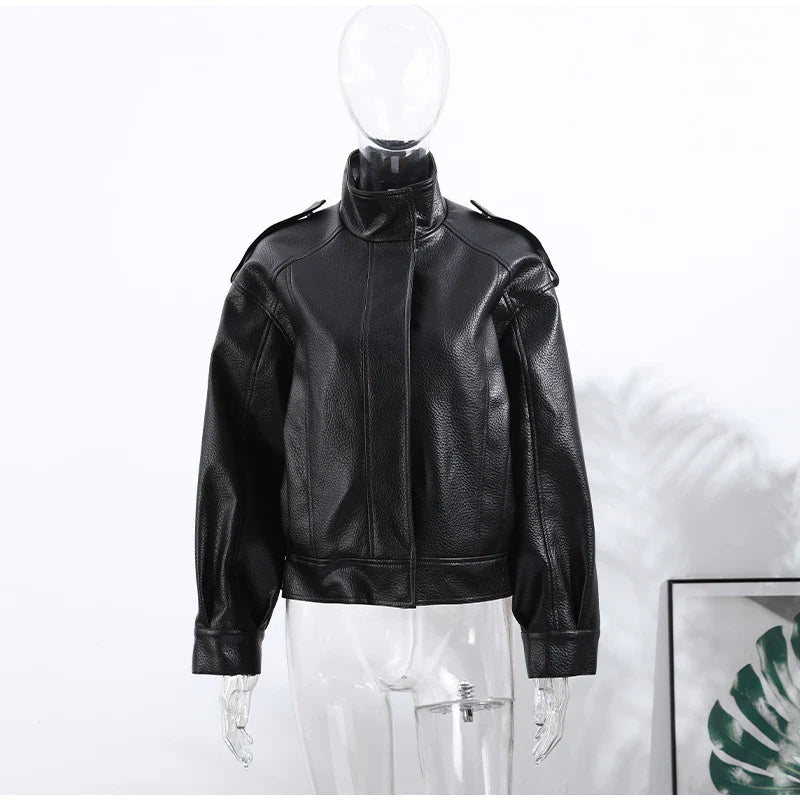 Street Stand Collar Women's Leather Jacket Loose Long Sleeve Zipper Pockets Chic Female Coats 2025 Autumn Winter Lady Outerwear