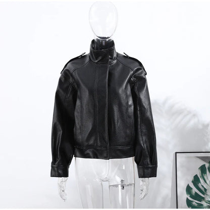 Street Stand Collar Women's Leather Jacket Loose Long Sleeve Zipper Pockets Chic Female Coats 2025 Autumn Winter Lady Outerwear