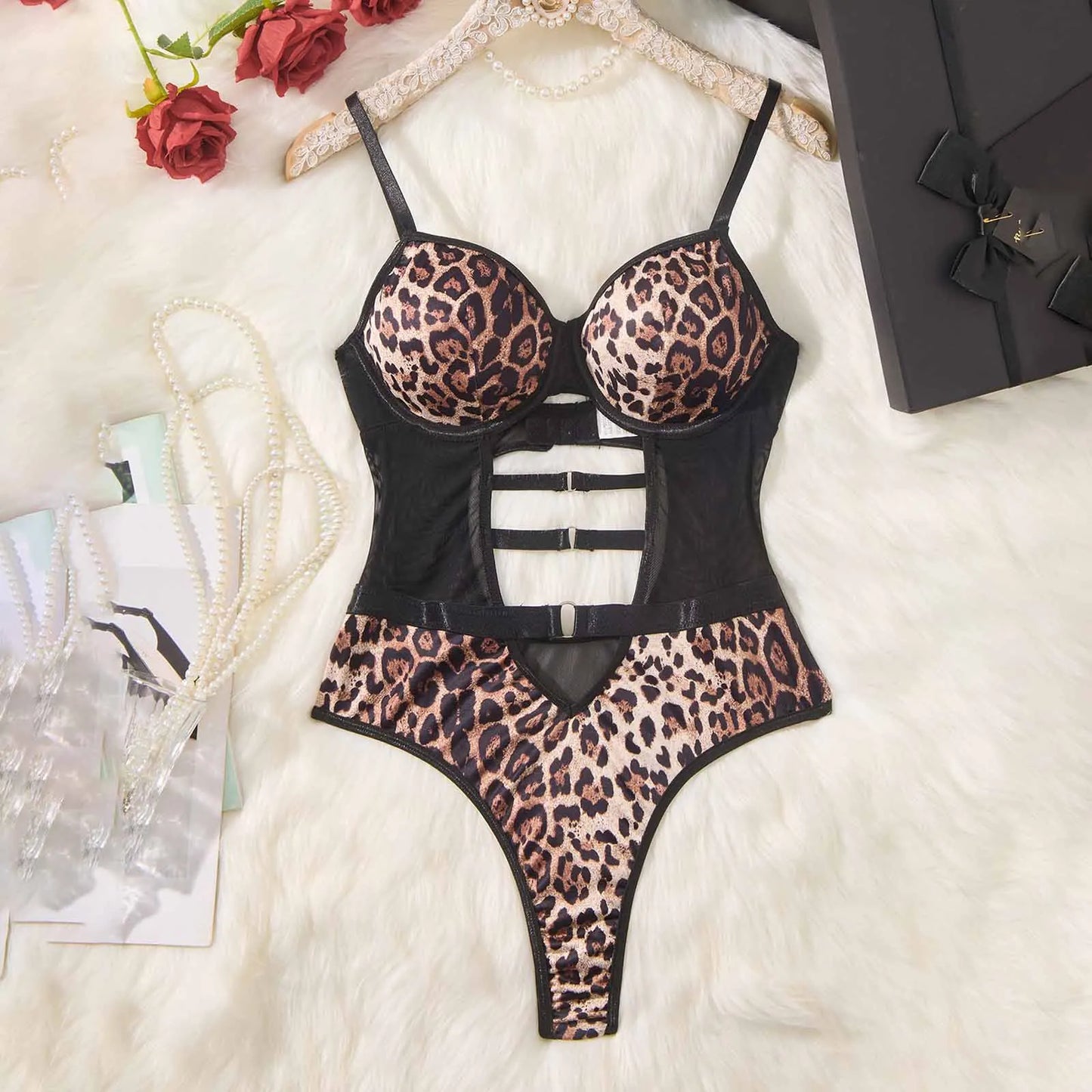 Leopard Sexy High Waist Women Bodysuit Mesh Transparent Hollow Out Erotic Lingerie Exotic Backless Skinny Teddy Porn Sex Costume