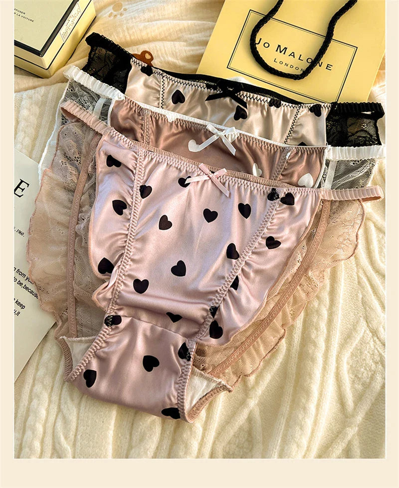 Sexy lingerie women Satin tangas lace ropa interior femenina sweet calzones para mujer plus size panties heart underwear women