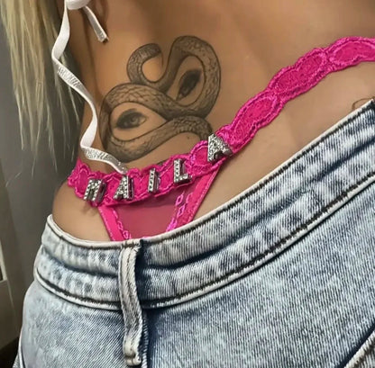 Custom Thongs with Name for Boyfriend Crystal Letter Body Jewelry Women Sexy Lace Bikini G-String Panties Valentine's Day Gift
