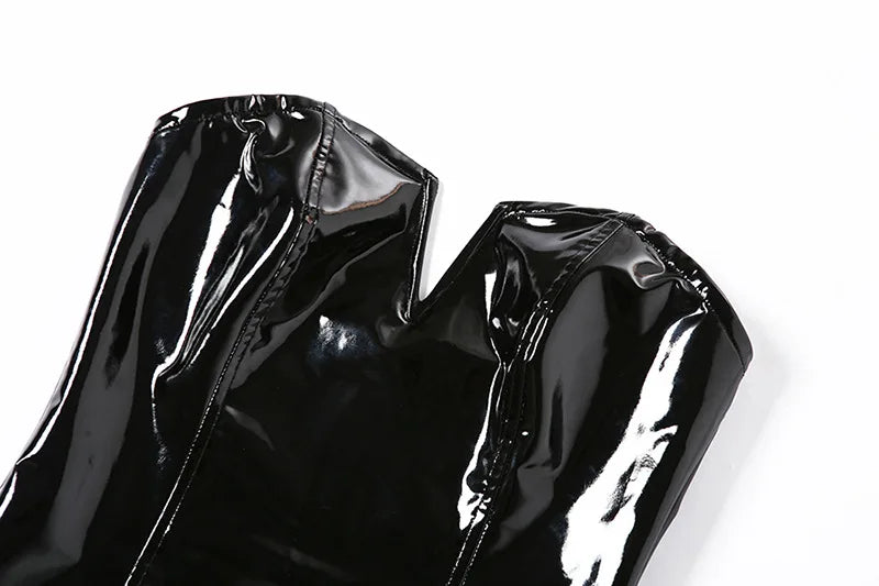 SINGREINY Strapless PU Leather Sexy Bodysuits Ladies Zipper Design Bodycon Top Fashion Streetwear Open Crotch Sensual Playsuits