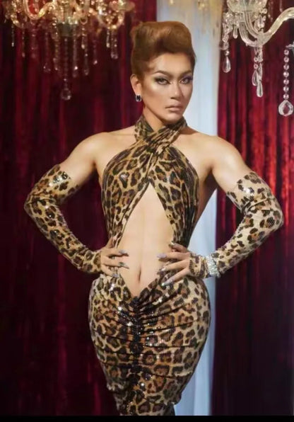 Birthday Performance Plus Size Women's Clothing Bulk Sequins Hollow Leopard Print Dress Women's Party High-End Performance Dress