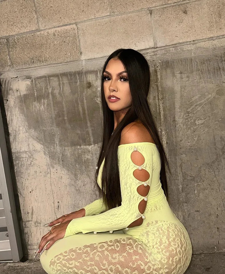 Viral Cheetah Bodysuit Pearl Embellished Mesh Lingerie Seductive Jacquard Catsuit for Women Flirtatious See Through Outfit