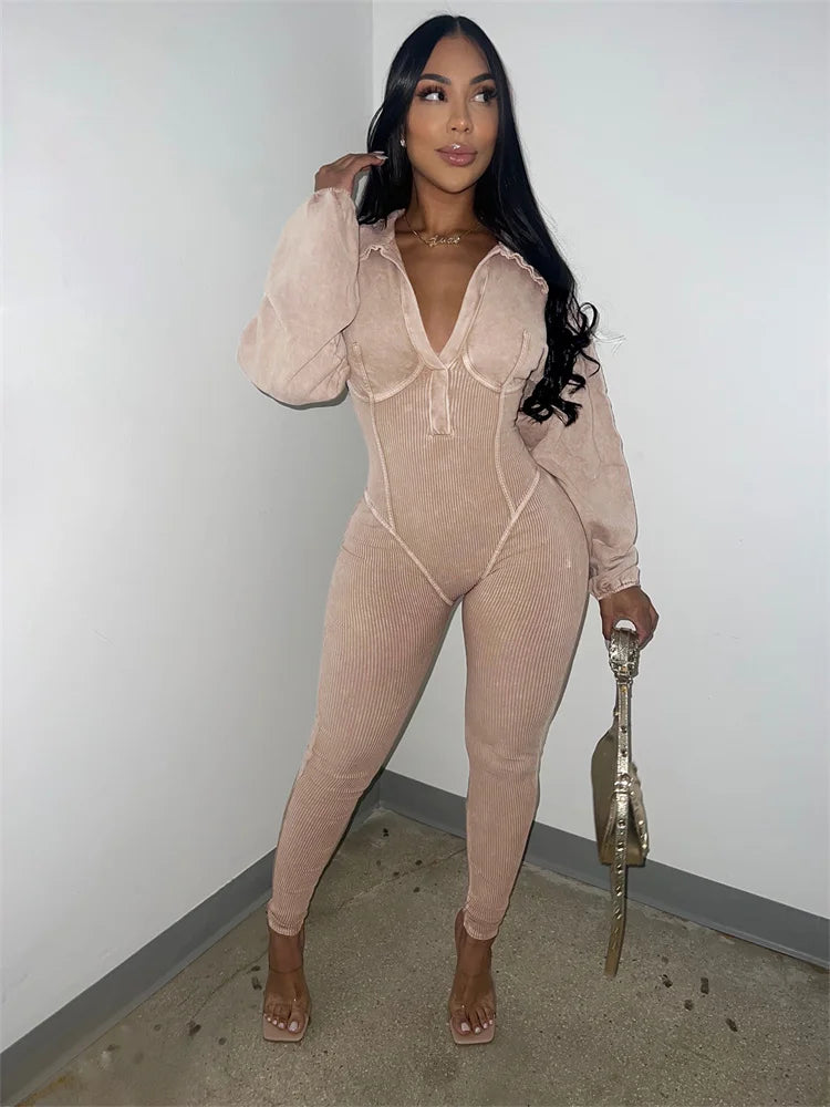 Weird Puss Washed Distressed Jumpsuit Women Ribbed V-Neck Solid SKinny Long Sleeve Fall Casual Trend Simple Activity Streetwear