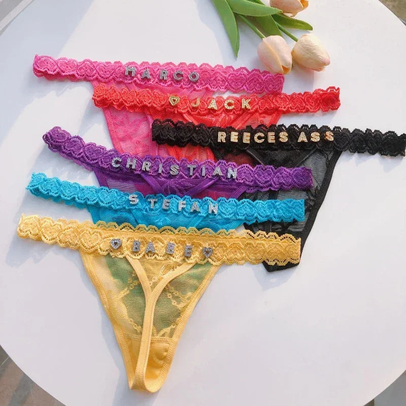 Custom Name Crystal Letter Thong Lace tie Hanging neck Bikini Bra Panties Sexy Personalized Name G-String Underwear Bra Set
