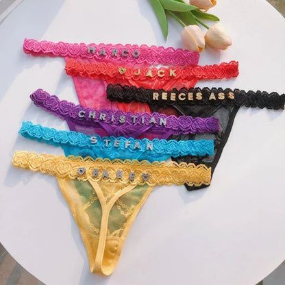 Custom Name Crystal Letter Thong Lace tie Hanging neck Bikini Bra Panties Sexy Personalized Name G-String Underwear Bra Set