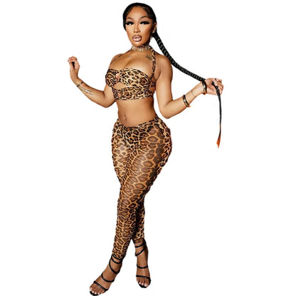 Sexy Fashionable Leopard Print Two-Piece Set Women's Clothing Hot Sale Strapless Crop Top Matching Long Pants Ensemble