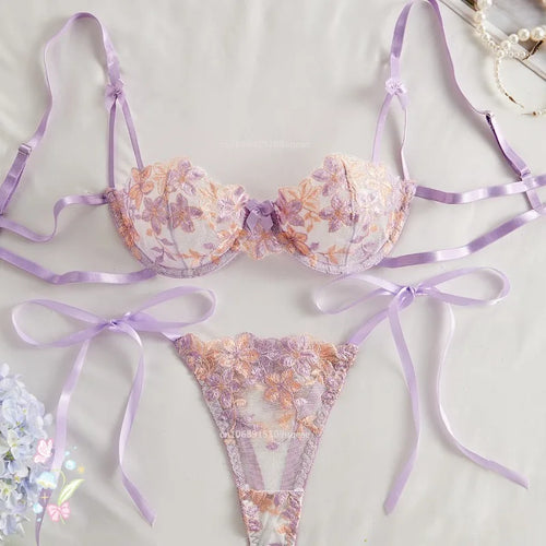 Floral Embroidery Transparent Mesh Bra Brief Sets Ultra Thin Straps Flowers Lace Sexy Lingerie Half Cup Woman Underwear 2025
