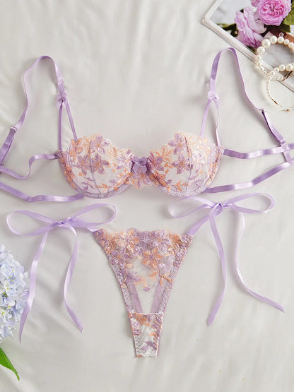 Floral Embroidery Transparent Mesh Bra Brief Sets Ultra Thin Straps Flowers Lace Sexy Lingerie Half Cup Woman Underwear 2025