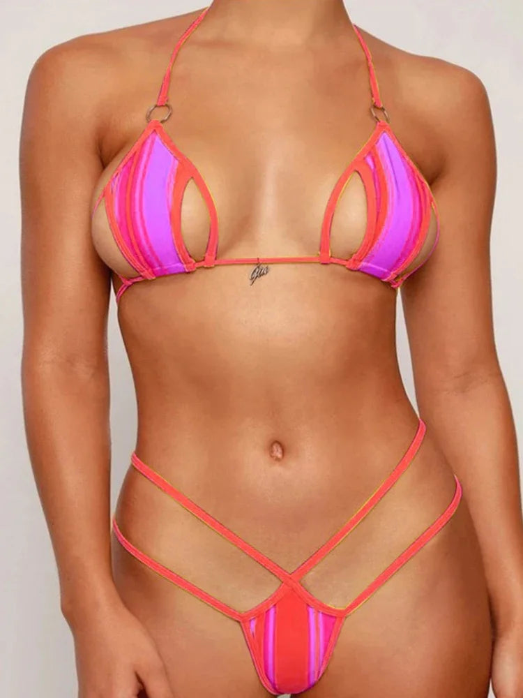 Circyy Bathing Suit Women Neck-mounted Sexy Split Swimsuit Striped Hollow Out Thongs Summer 2025 New Beach Fashion Bikini Set