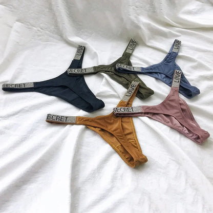 Sexy Triangle Fitness Sports With Letter Low Rise Briefs Sexy T-Back G-string Women Panties Rhinestone Thong