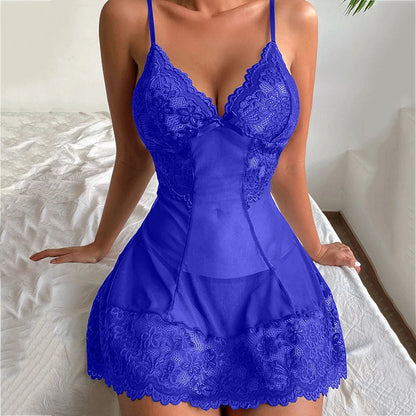 Women Nightdress Sexy Lace Chemise Bow Nightgown Sleepwear Mini Dress Plus Size Deep V Babydoll Lingerie Sexi Sleepdress Nighty