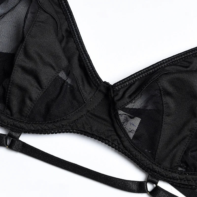 Yimunancy 3-Piece Black Bra Set Women Patchwork See Through Mesh Lingerie Set Ladies Sexy Panty Underwear Set