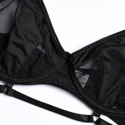 Yimunancy 3-Piece Black Bra Set Women Patchwork See Through Mesh Lingerie Set Ladies Sexy Panty Underwear Set