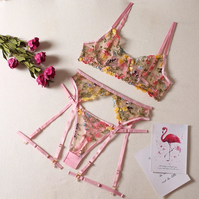 Sexy Women's Lace Lingerie 3Pcs Sets Fancy Flowers Embroidery Transparent Bras And Thongs Underwear Set Erotic Intimate Suits ﻿