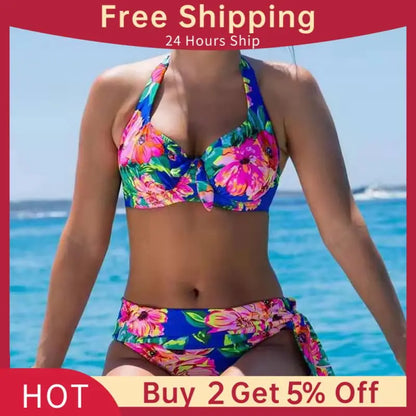 2024 Women's Printed Split Bikini Set Underwire Bikini Halter Strap beachwear High Waist Ladies Five Colors Styles Swimwear