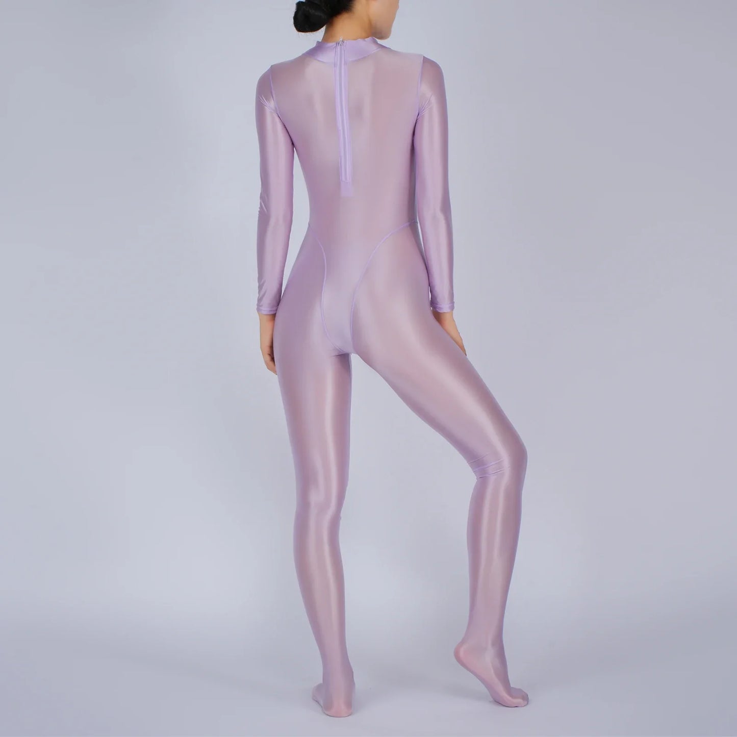 Womens Glossy Full Body Jumpsuit See Through Sheer Catsuits Bodystockings Long Sleeve Footed One Piece Gym Yoga Tights Bodysuit