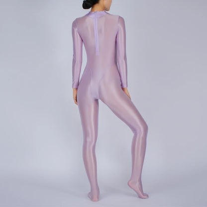 Womens Glossy Full Body Jumpsuit See Through Sheer Catsuits Bodystockings Long Sleeve Footed One Piece Gym Yoga Tights Bodysuit