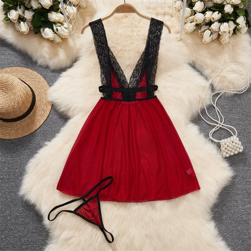 Sexy Lace Gauze Patchwork Strap Bodysuit Hollow Sleeveless Slim backless Women Erotic Lingerie Hotsweet Bow Night Maid Cosplay