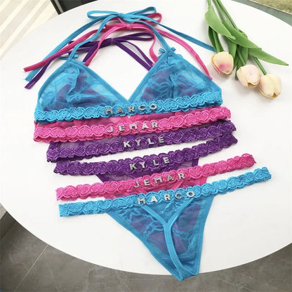 Name Custom Crystal Letter Thong Lace Tie Neck Bikini Bra Panties Sexy Personalized Name Low Waist G-String Underwear Bra Set
