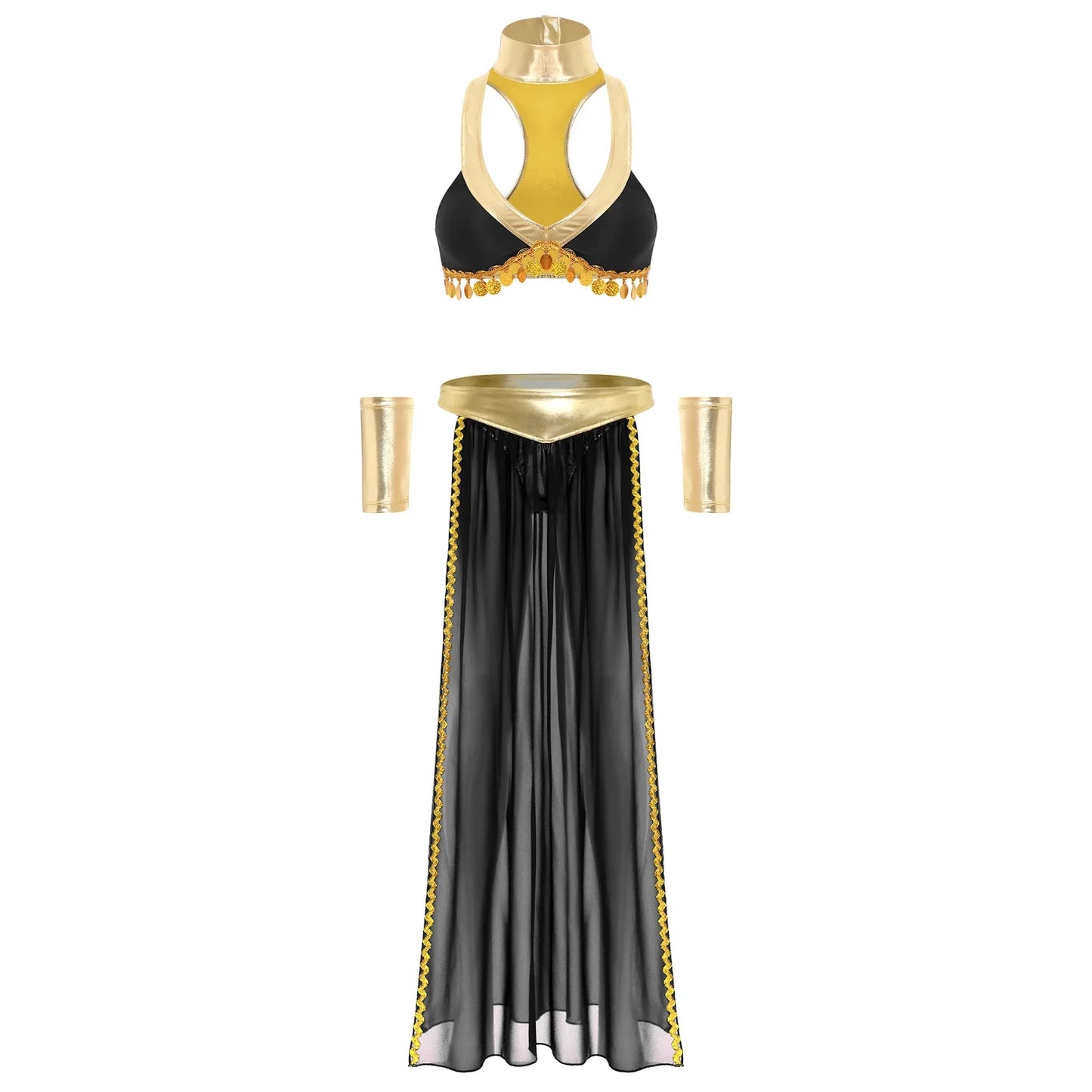 Women Halloween Cleopatra Ancient Egyptian Queen Sun Goddesses Cosplay Costume Crop Top with Skirt Choker Cuffs Belly Dance Set