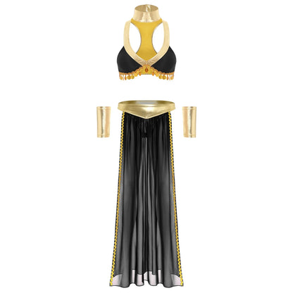 Women Halloween Cleopatra Ancient Egyptian Queen Sun Goddesses Cosplay Costume Crop Top with Skirt Choker Cuffs Belly Dance Set