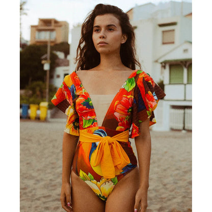 2025 New Sexy V-Neck One Piece Swimsuit Belt Swimwear Women Ruffle Monokini Push Up Swim Suit Colorful Bathing Suit Female Beach
