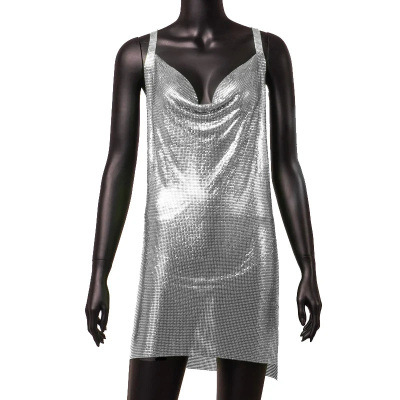 Women's 90s Rave Glitter V-Neck Lace-Up Sequin Mini Dress Y2K Clubwear Sexy Backless Bodycon with Metal Detail for Party