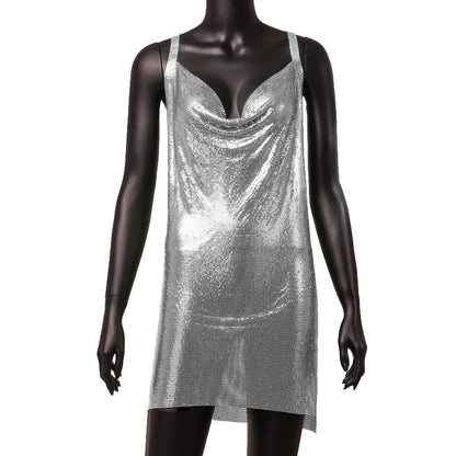 Women's 90s Rave Glitter V-Neck Lace-Up Sequin Mini Dress Y2K Clubwear Sexy Backless Bodycon with Metal Detail for Party