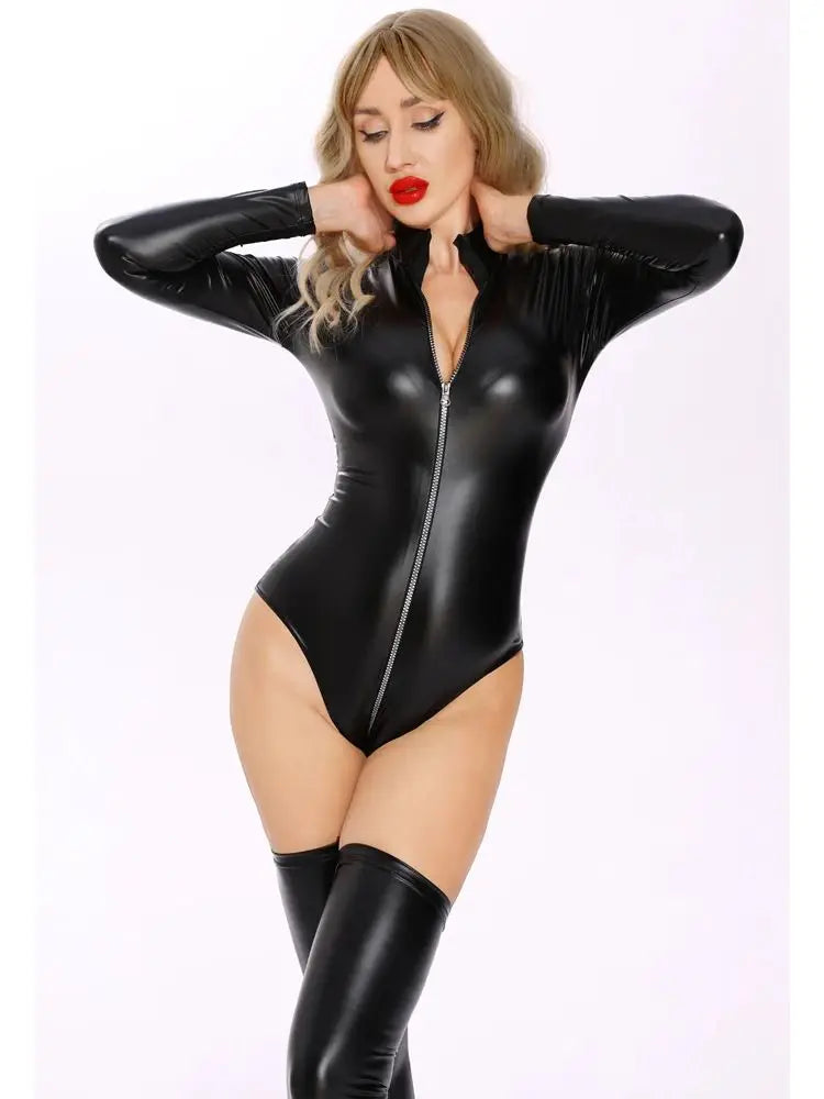 Oil Faux Latex Catsuit Elastic PU Leather Zipper Open Crotch Long Sleeve Bodysuit Tights Cosplay Clubwear Body Teddies Swimsuit