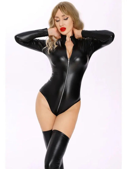 Oil Faux Latex Catsuit Elastic PU Leather Zipper Open Crotch Long Sleeve Bodysuit Tights Cosplay Clubwear Body Teddies Swimsuit