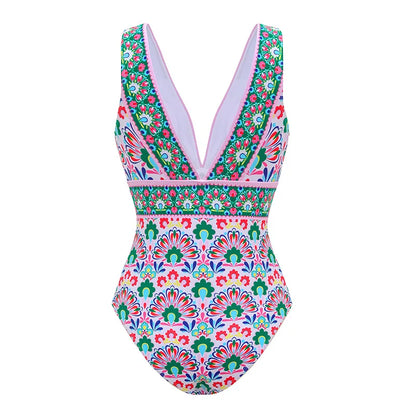 Cikini Deep V Floral Print Beach Resort One-Piece Swimsuit Set Summer Beach Swimwear Bathing Suit For Women
