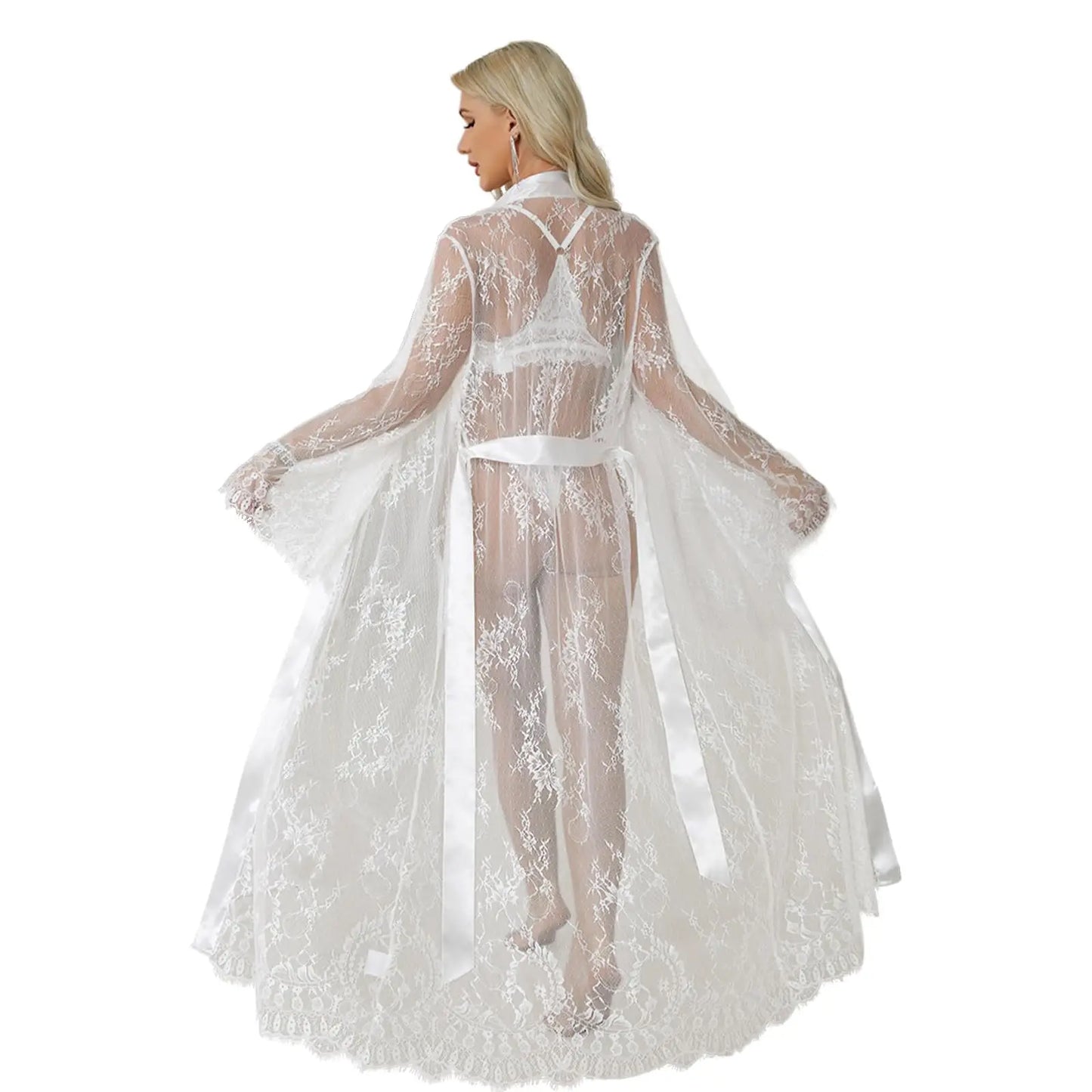Women's Sexy Sheer Lace Robe Lingerie Long See Through Kimono Lingerie Dress Lace Gown Sleepwear