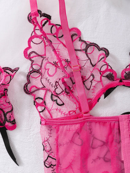 Mesh Erotic Women's Lingerie Set Lace See Through Sexy Heart Shape Embroidery Underwear and Thong Porn three-piece Set