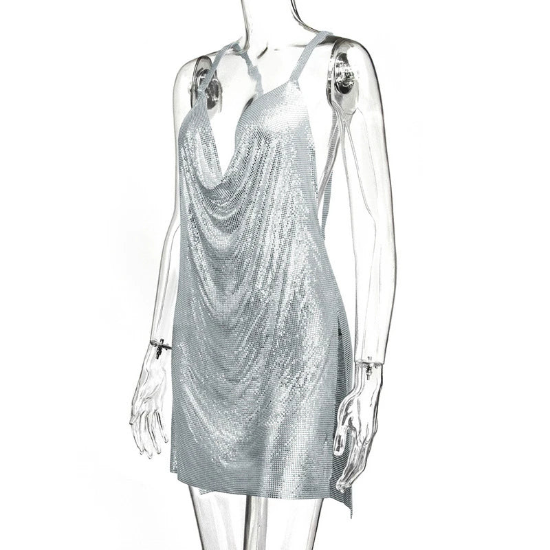 Women's 90s Rave Glitter V-Neck Lace-Up Sequin Mini Dress Y2K Clubwear Sexy Backless Bodycon with Metal Detail for Party