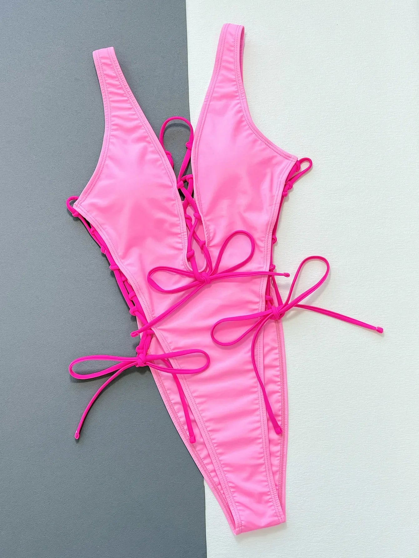 VigoBeviya 2025 Pink Lace Up Strapped Swimwear Women Sexy Hollow Push UP One Piece Swimsuit Blackless Beach Bathing Suit