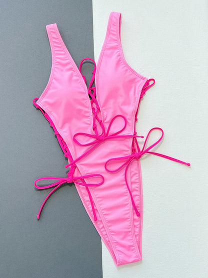 VigoBeviya 2025 Pink Lace Up Strapped Swimwear Women Sexy Hollow Push UP One Piece Swimsuit Blackless Beach Bathing Suit
