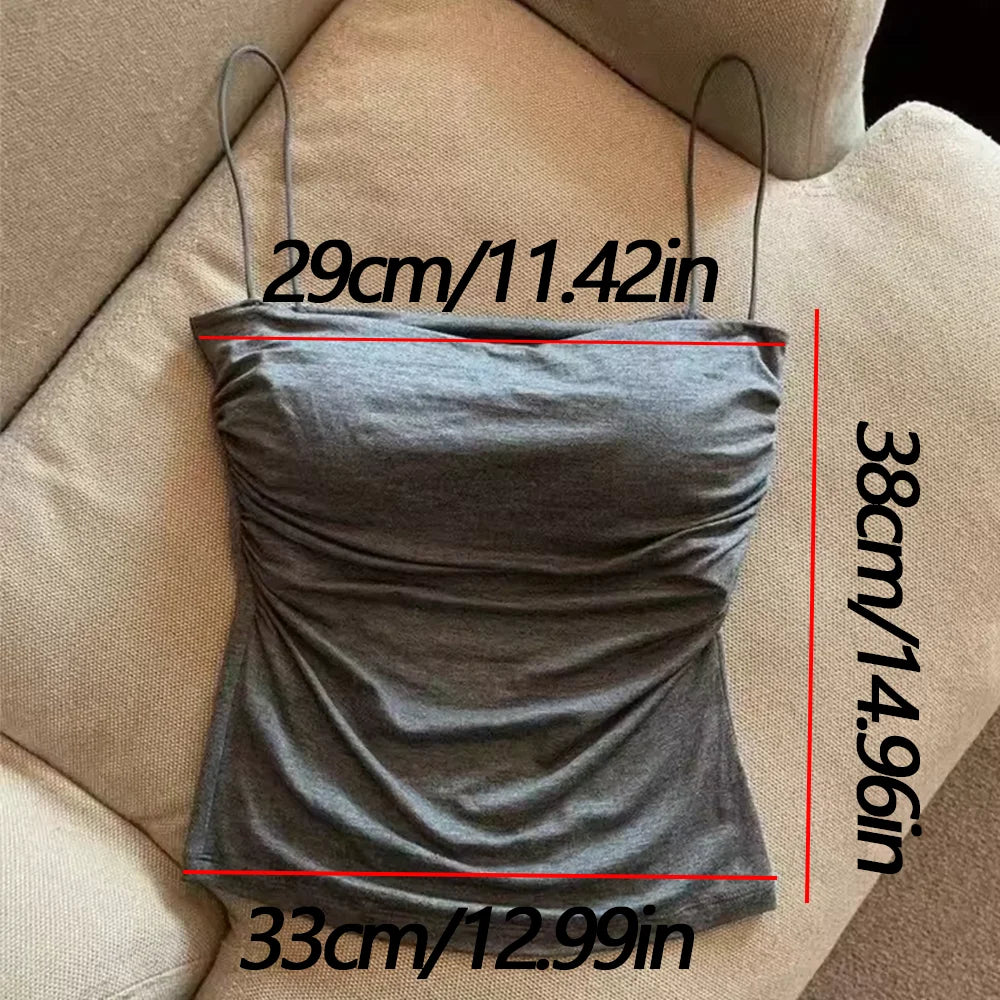 1 Pc Stylish Waist Pleated Corset - Soft support fixed chest pad sleeveless vest Sexy short top with thin straps Solid color