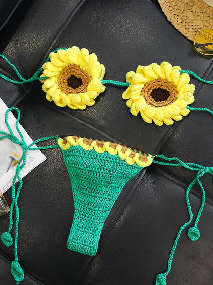 2 Piece Bikini Set 2025 Summer Yellow Sunflower Crochet Swimsuit Suit Set Beach Wear Bikinis Cover-up Women Bathing Suits K224