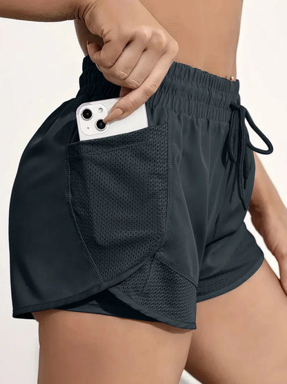 Women's Elastic Sports Shorts, Shorts With Pockets, Fake Two-Piece Yoga Leggings Running And Training
