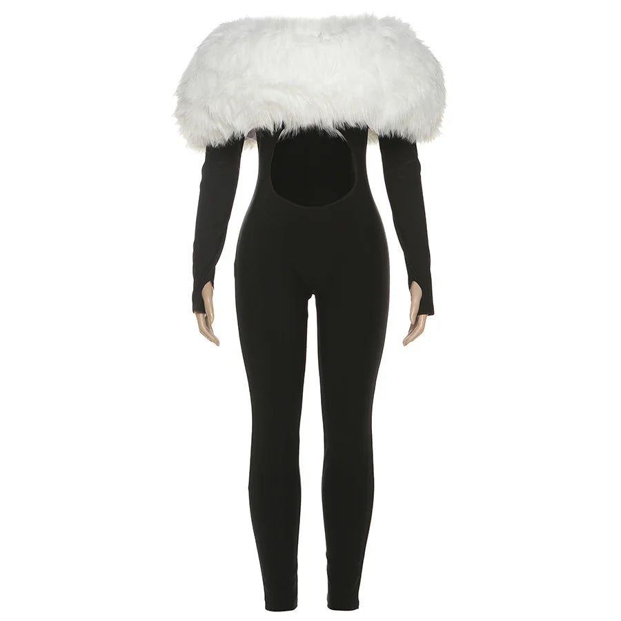 Weird Puss Furry Slash Neck Jumpsuits Woman Luxury Hipster Patchwork Trend Sexy Hollow Stretch Fitness Club Activity Overalls