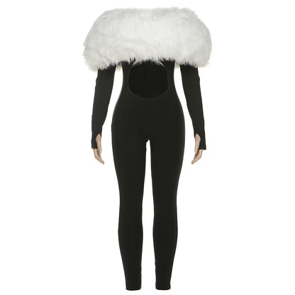 Weird Puss Furry Slash Neck Jumpsuits Woman Luxury Hipster Patchwork Trend Sexy Hollow Stretch Fitness Club Activity Overalls