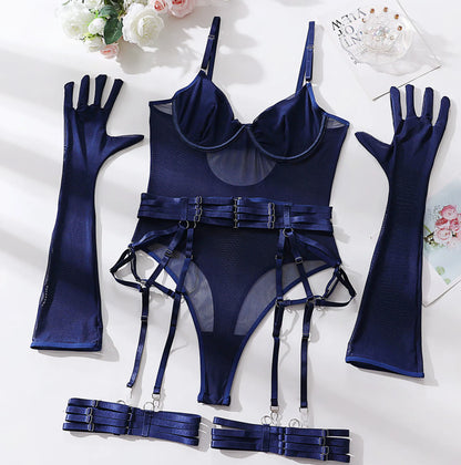 Bodysuit Sexy One-piece With Gloves Garters Mesh Women Rompers Clothing Body Suits Lace Jumpsuit Sweet Korean Women EV5W