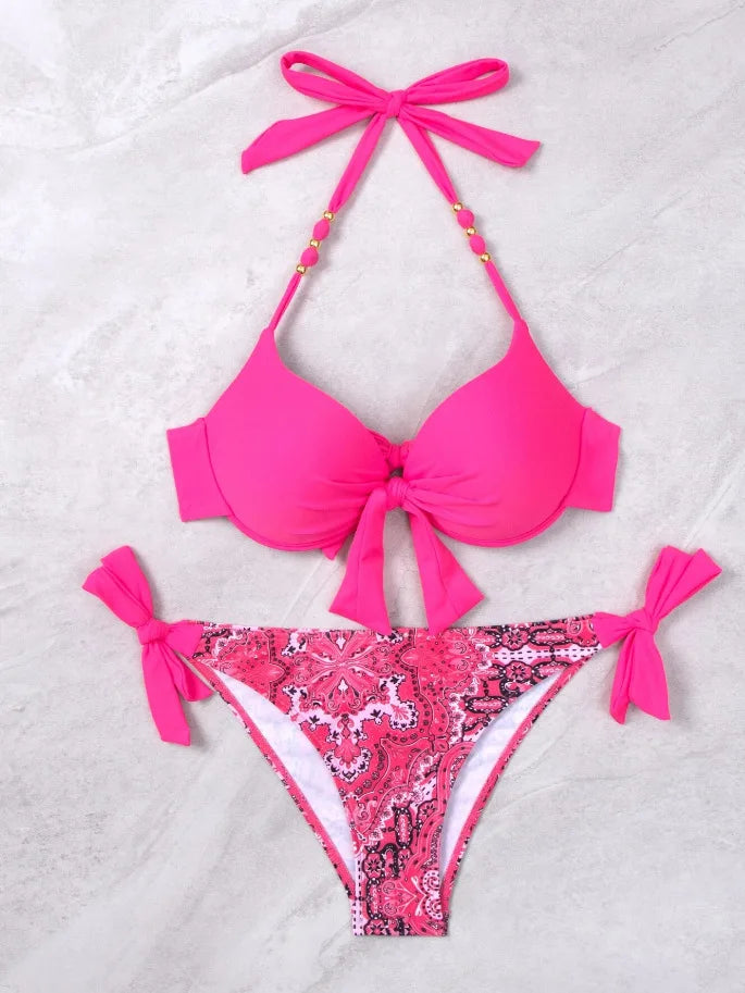 2025 Push Up Halter Bikini Printed Swimsuit Women Sexy Strappy Swimwear Female Bathers Bathing Swimming Swim Suit Beachwear