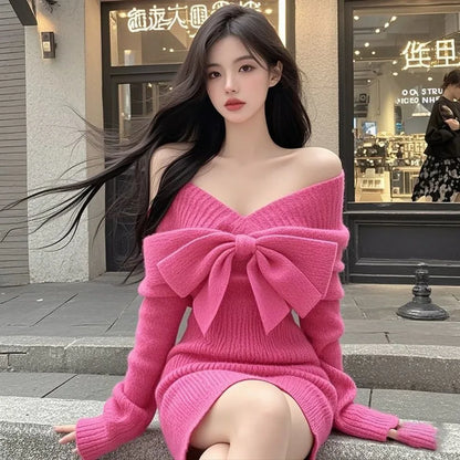Elegant Party Dresses Rose Red V-neck Bow Long-sleeved Knitted Dress Autumn  Winter Waist-wrapped Short Sexy Dresses for Women