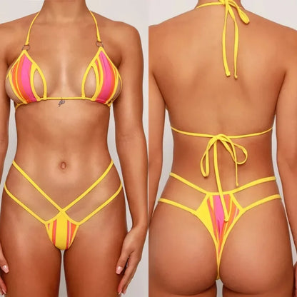 Circyy Bathing Suit Women Neck-mounted Sexy Split Swimsuit Striped Hollow Out Thongs Summer 2025 New Beach Fashion Bikini Set