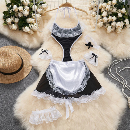 Sexy Lace Gauze Patchwork Strap Bodysuit Hollow Sleeveless Slim backless Women Erotic Lingerie Hotsweet Bow Night Maid Cosplay
