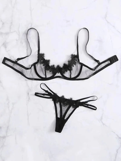 Women Lingerie Set Bra Thongs Underwire Two Piece Bowknot Transparent Mesh Lace Steel Ring Lingerie Underwear Erotic Sexy Bras