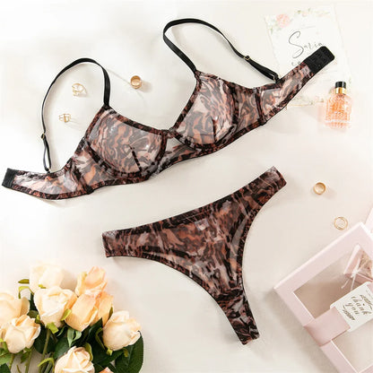 Krasapt Sexy Leopard Printing Lingerie 2Pcs Sets Ultrathin Mesh Transparent Bras And Panties Comfortable Intimate Undwear Set